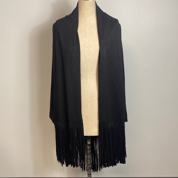 JOH Cardigan Women’s Size L/XL Black Fringe Suede Knee - Picture 1 of 6